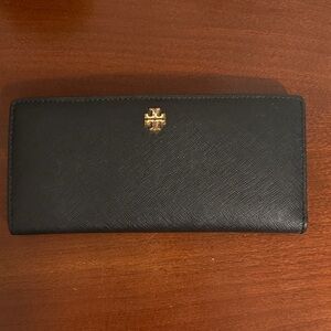 Tory Burch Slim Leather Wallet with Gold Emblem